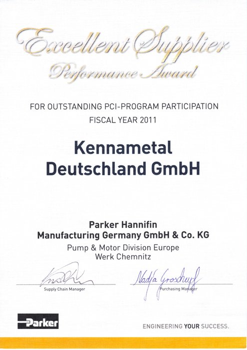 Kennametal receives Excellent Supplier Performance Award from Parker Hannifin